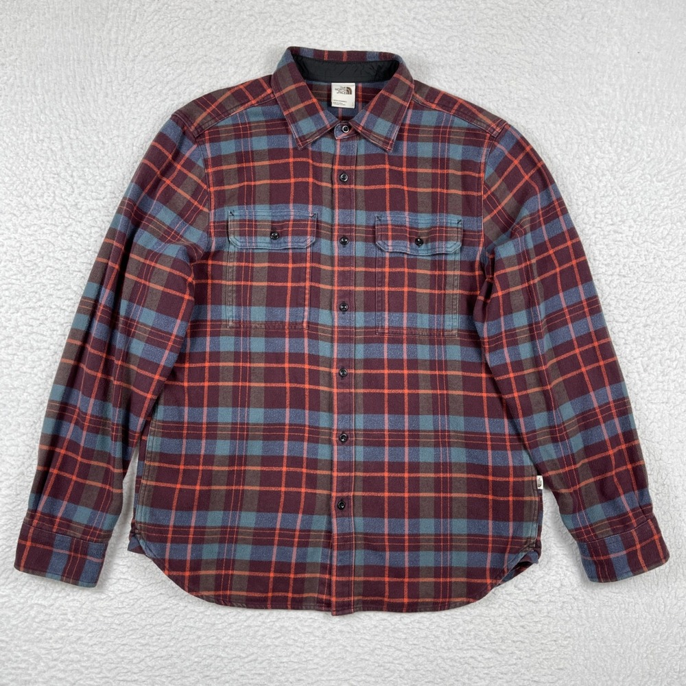 The North Face Flannel Shirt Mens Large Burgundy Blue Orange Plaid Button Down